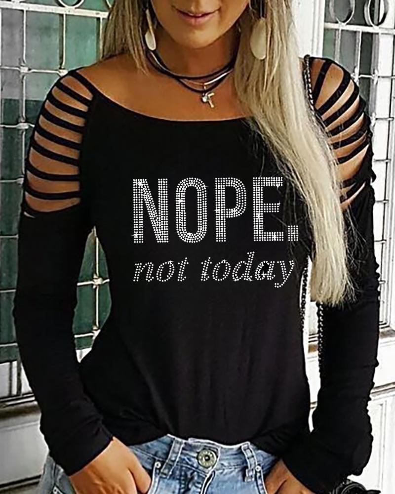 

Rhinestone Letter Pattern Ladder Cutout Cold Shoulder Top, Black