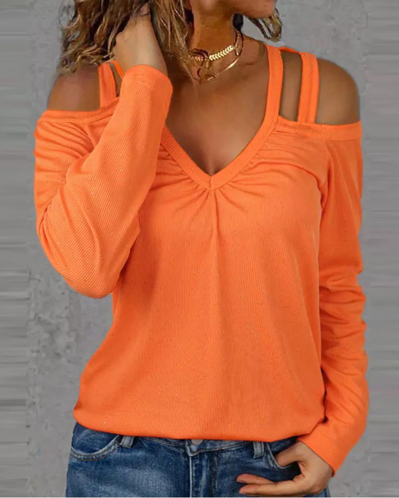 

Long Sleeve Cold Shoulder Ribbed Top, Orange