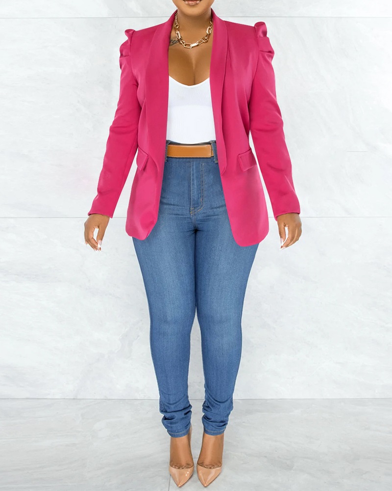 

Shawl Collar Puff Sleeve Pocket Design Blazer Coat, Hot pink