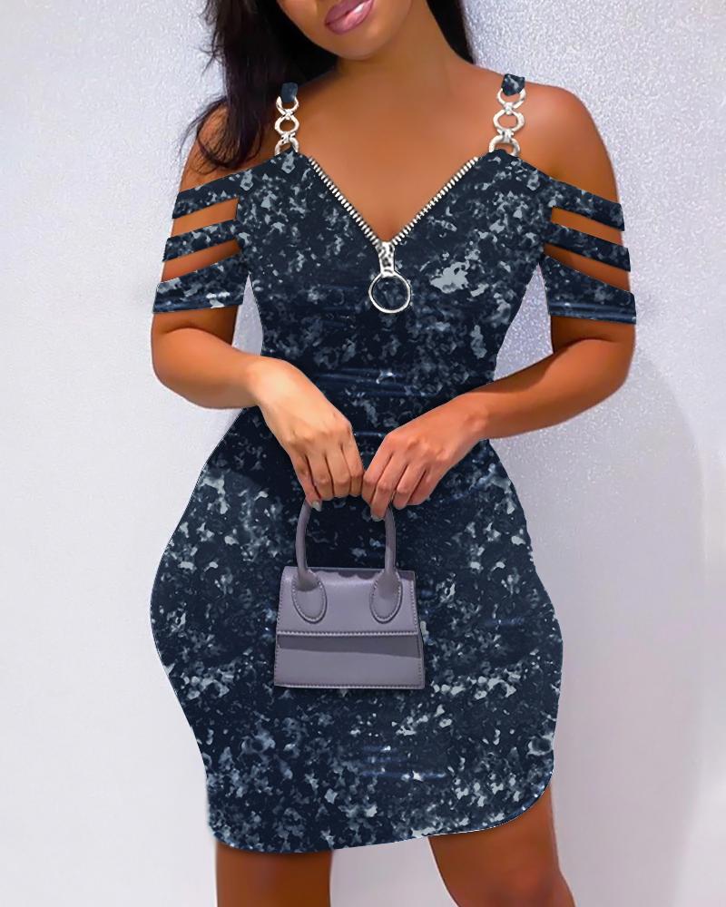 

Tie Dye Print Cold Shoulder Zipper Fly Bodycon Dress, Dark blue