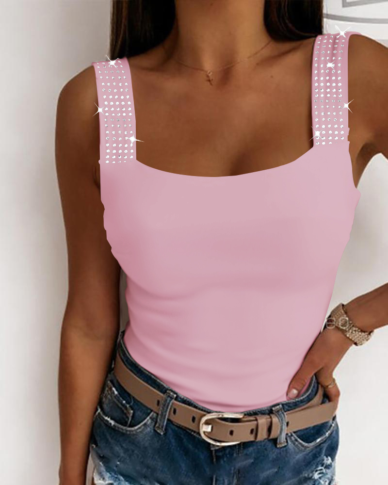 

Rhinestone Embellished Thick Strap Tank Top, Pink