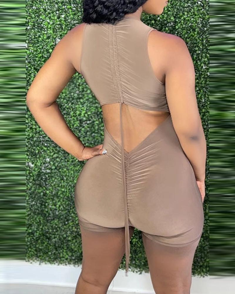 

Drawstring Ruched Cutout Back Sleeveless Romper, Khaki