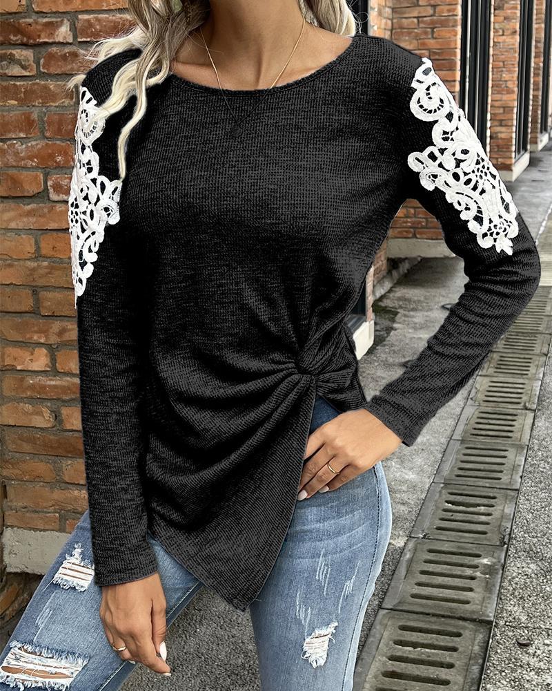 

Contrast Lace Long Sleeve Twist Hem Top, Black