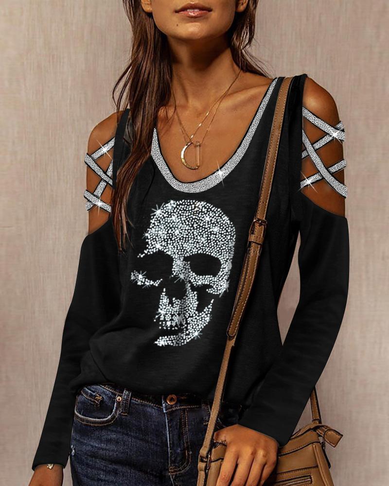 

Studded Skull Pattern Cold Shoulder Top, Black