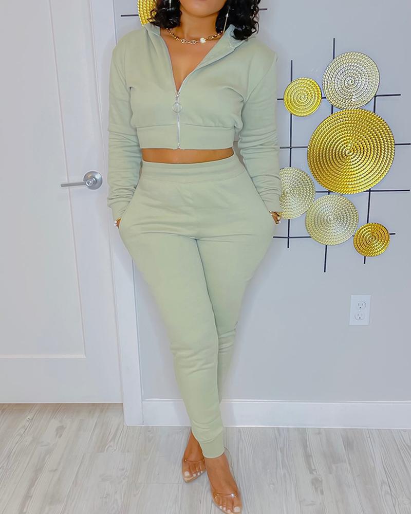 

Zipper Design Crop Top & Pocket Design Pants Set, Green