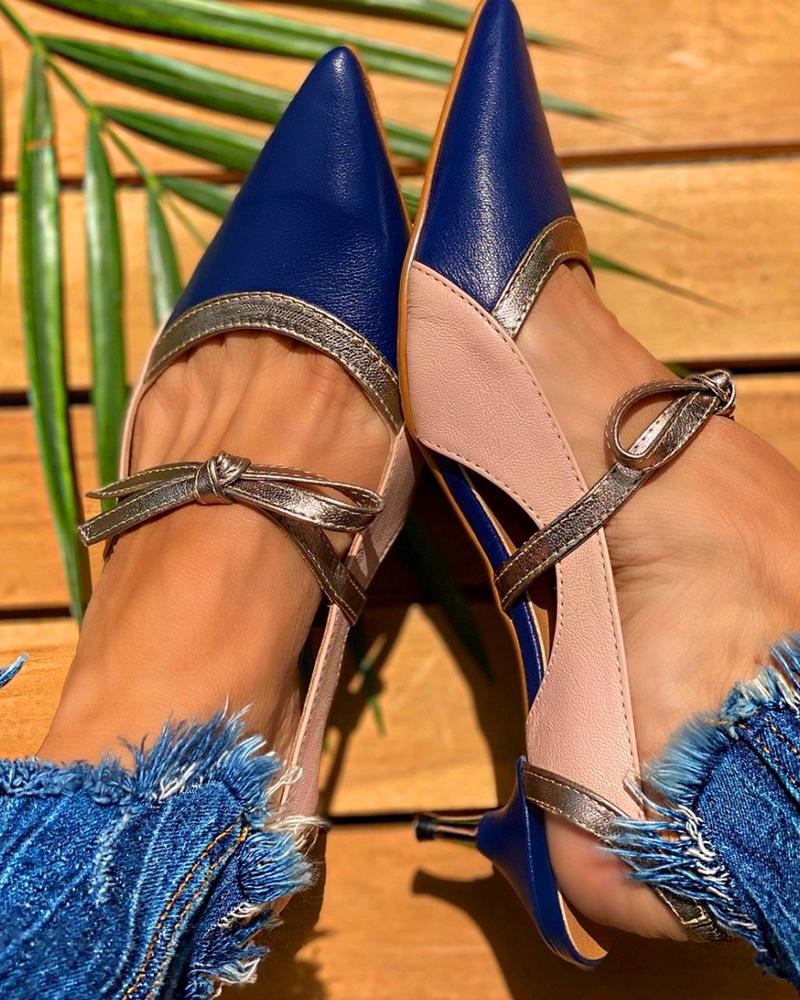 

Colorblock Pointed Toe Bowknot Decor Heels, Pink