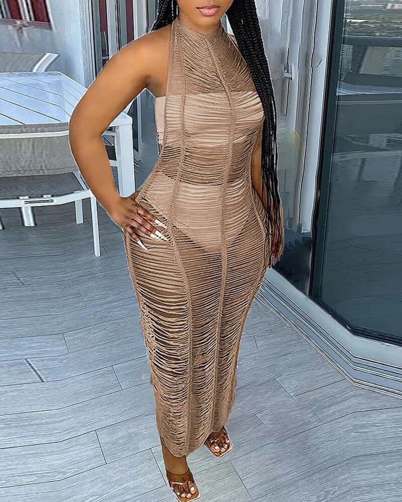 

Halter Backless Crochet Cover Up Beach Dress, Brown