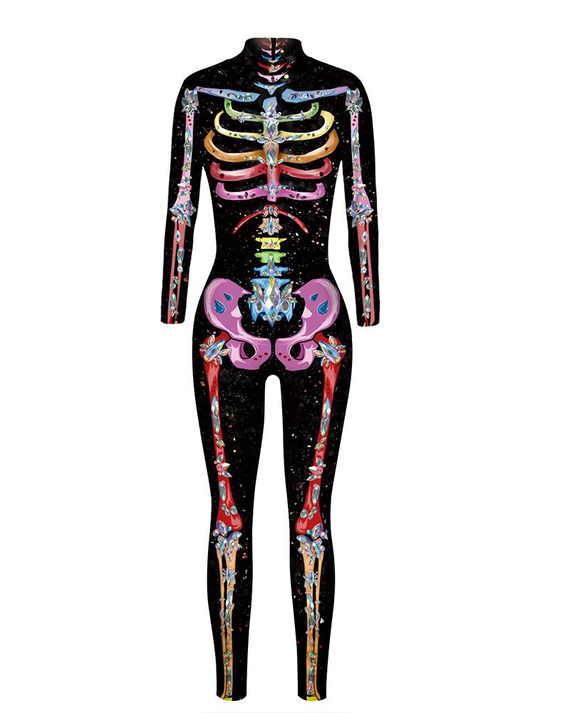 

Skull Skeleton Print Zip Back Halloween Costume Jumpsuit, Style6