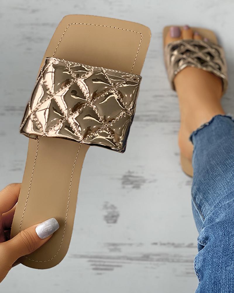 

Quilted Square Toe Mule Sliders, Gold
