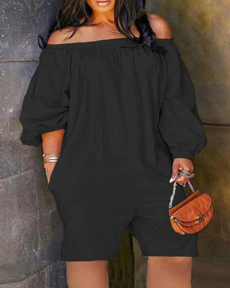 

Plus Size Off Shoulder Pocket Design Casual Romper, Black