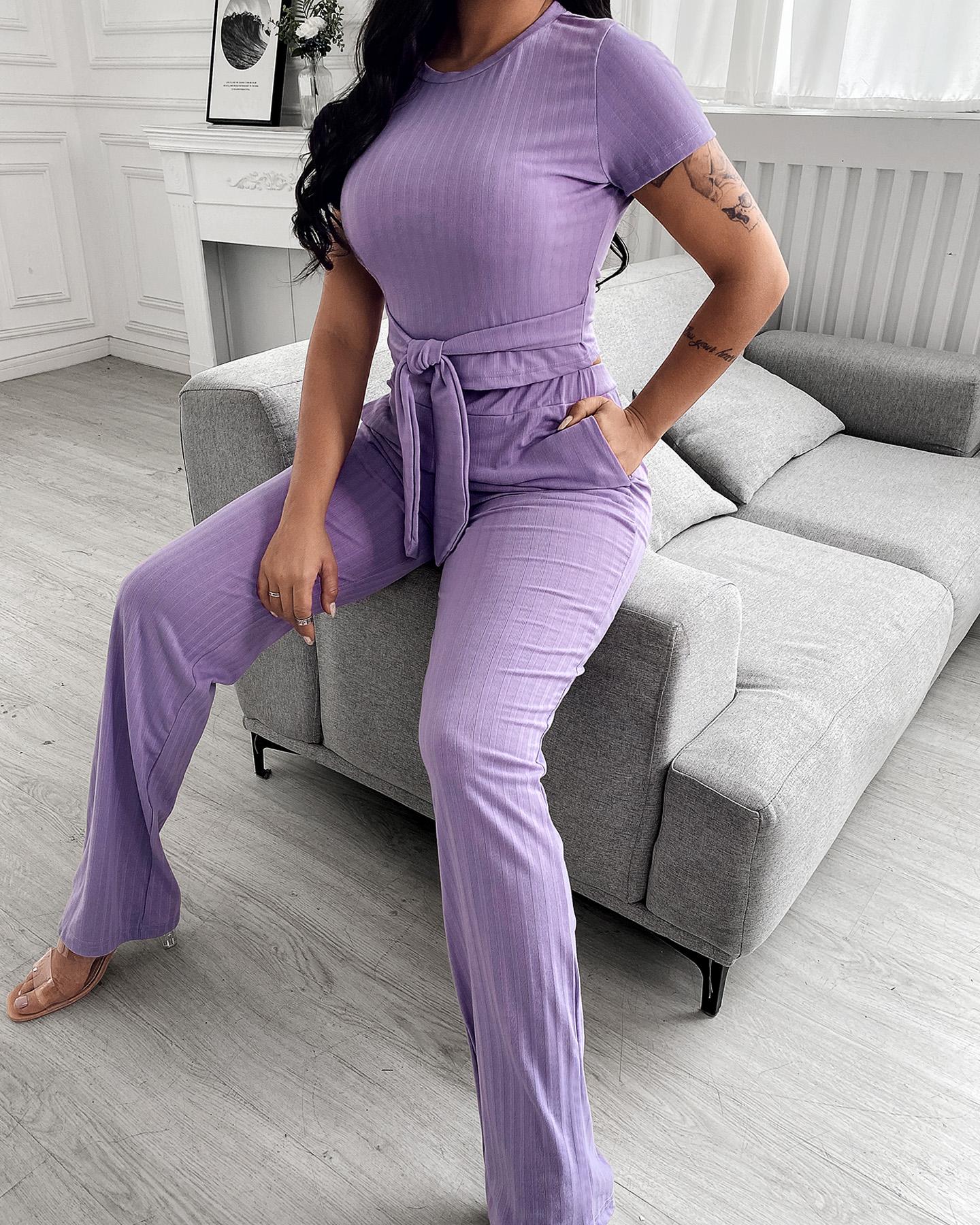 

Tied Detail Crop Top & Wide Leg Pants Set, Purple