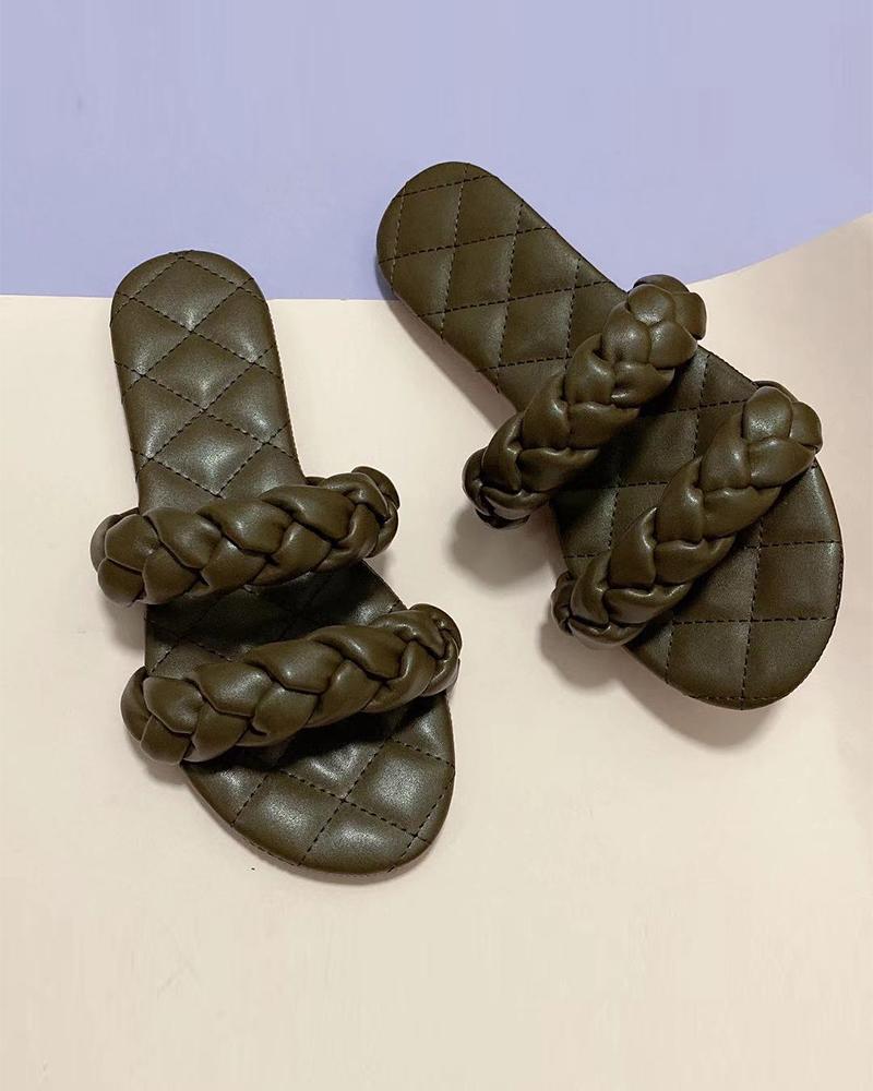 

Round-toe Solid Color PU Leather Open-toe Flat Slippers, Dark green