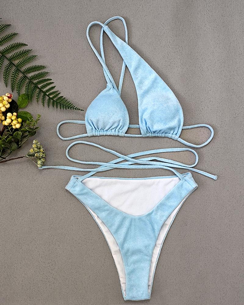 

One Shoulder Cutout Tied Detail Bikini Set, Blue
