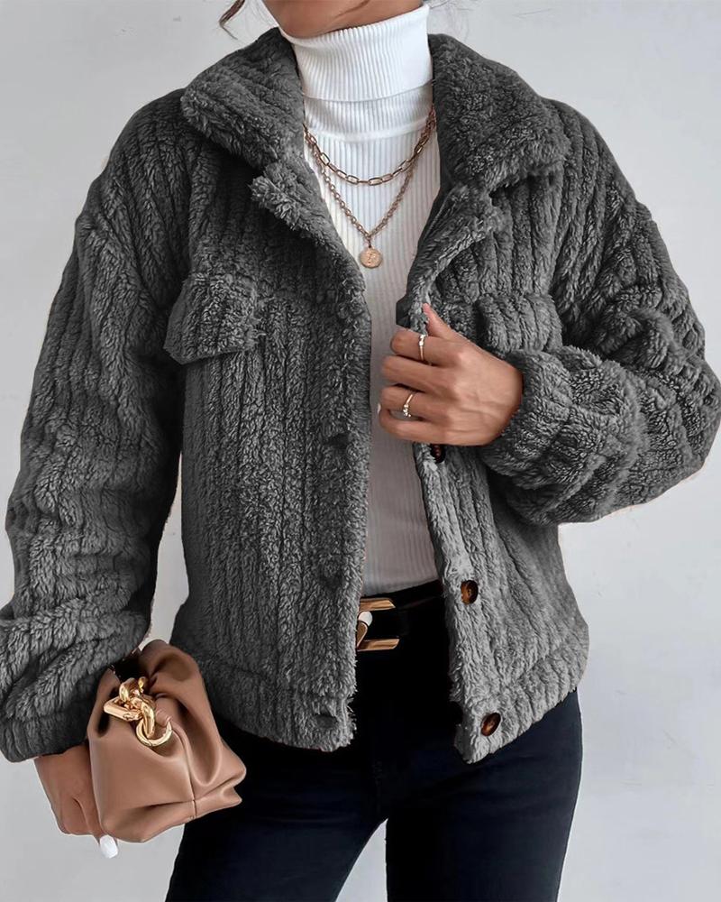 

Long Sleeve Button Front Teddy Coat, Dark grey