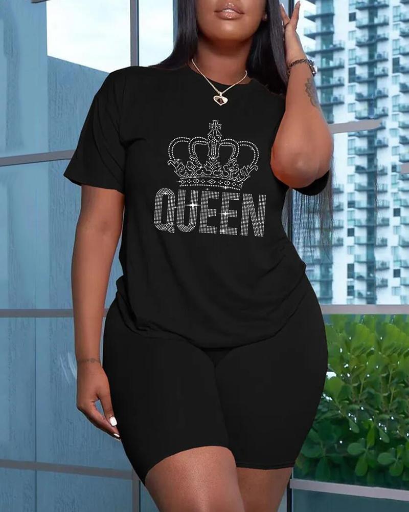 

Plus Size Rhinestone Crown Letter Pattern O-Neck Top & Shorts Set, Black