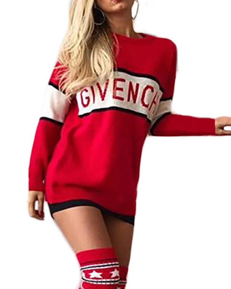 

Letter Print Contrast Color Sweatshirt Dress, Red