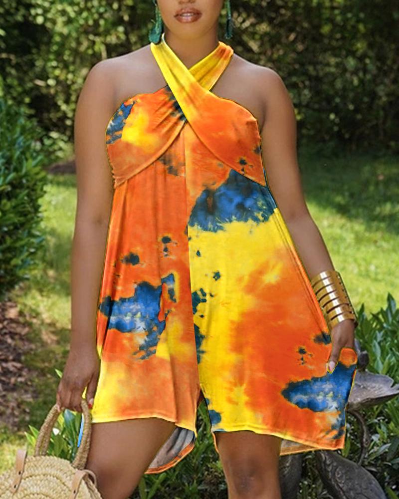 

Tie Dye Print Pocket Design Crisscross Halter Romper, Multicolor