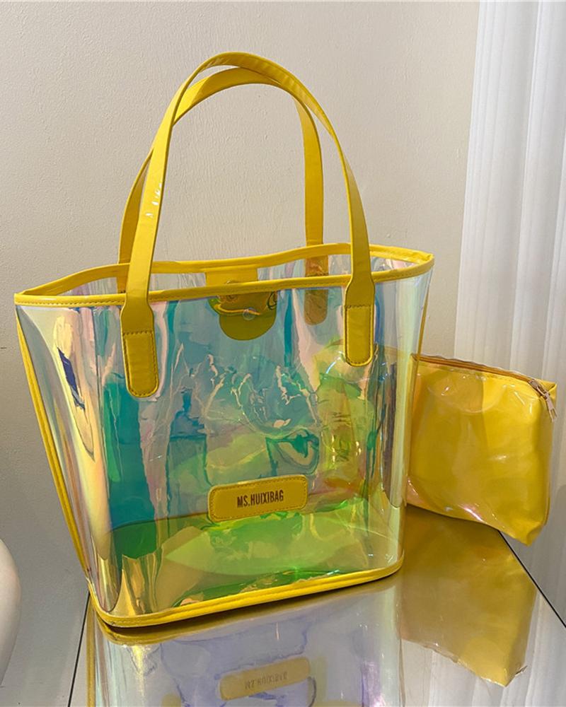 

Clear Holographic Large Capacity Tote Bag With Inner Pouch, Yellow