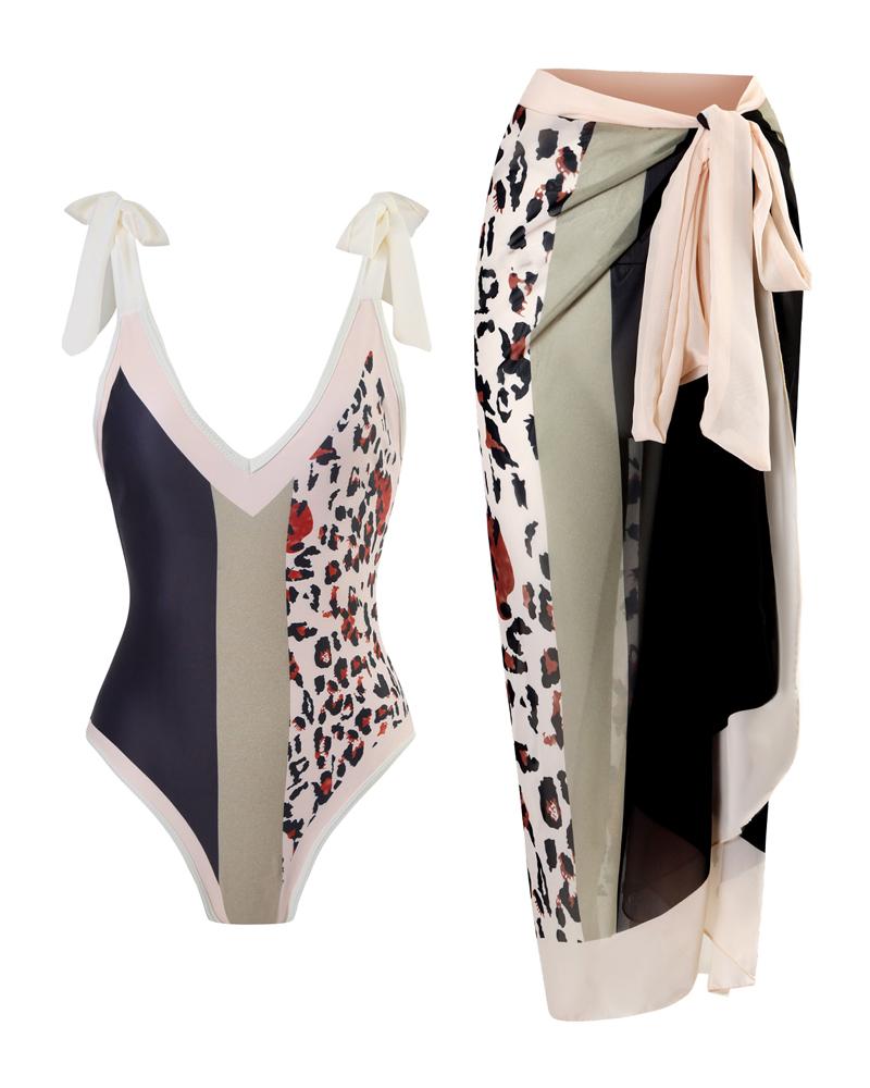 

Colorblock Leopard Print One-Piece Swimsuit With Cover Up