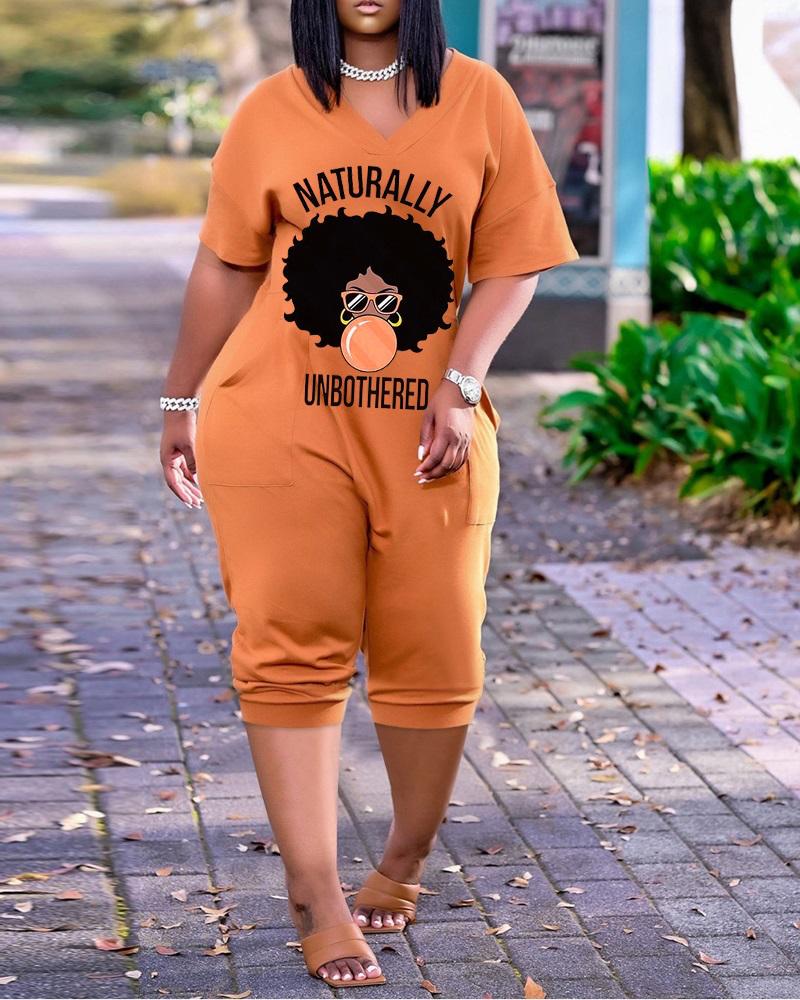 

Figure Letter Print Pocket Detail V-Neck Jumpsuit, Orange