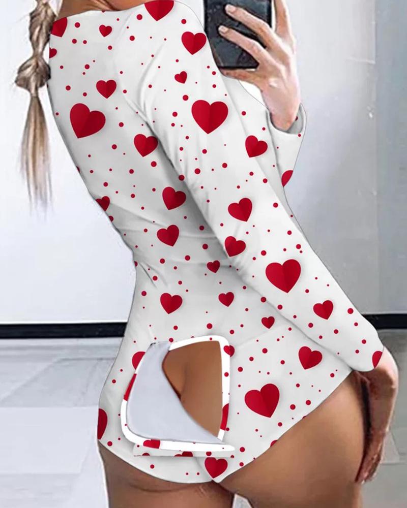 

Butterfly Heart Print Founctional Buttoned Flap Lounge Romper, White