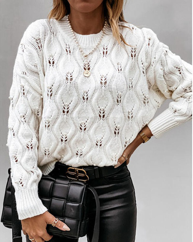 

Pearls Decor Drop Shoulder Open Knit Sweater, White
