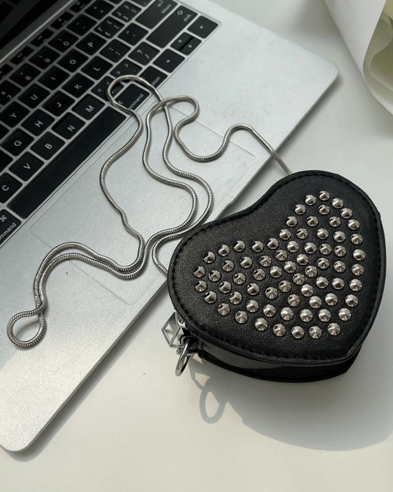 

Studded Chain Strap Heart Shaped Bag, Black