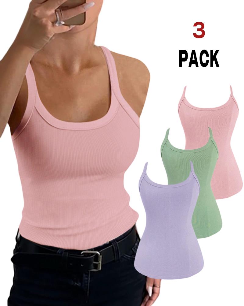 

3 Pieces Scoop Neck Spaghetti Strap Ribbed Top Casual Sleeveless Slim Fit Tank, Style8