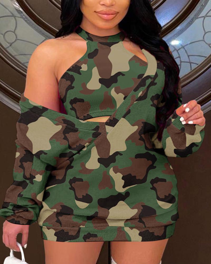 

Plus Size Camouflage Print Tank Top & Casual Dress Set, Camoflage