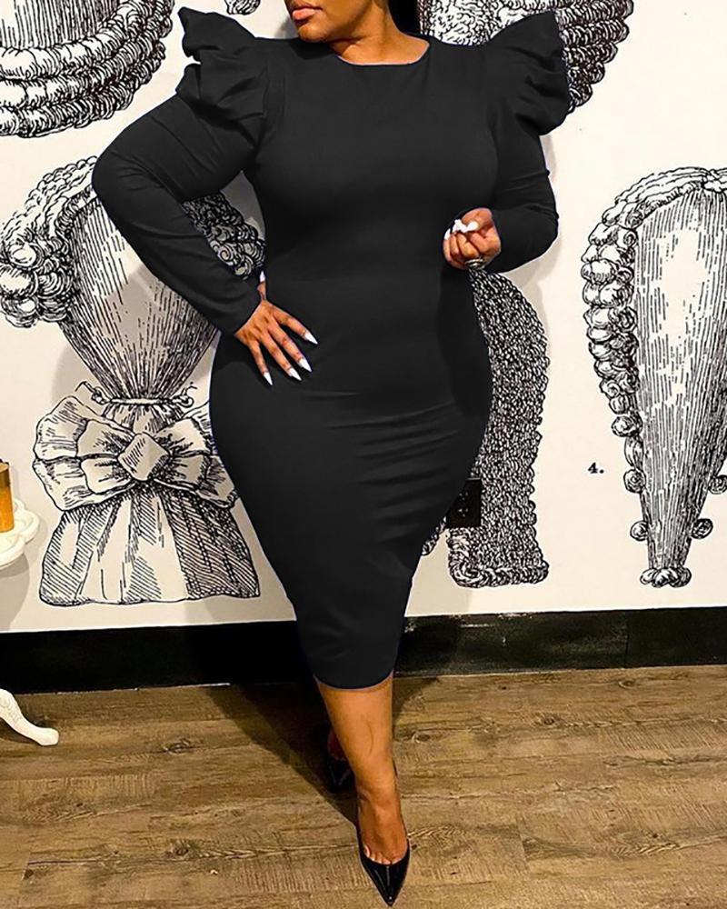 

Puff Sleeve Skinny O Neck Midi Dress, Black