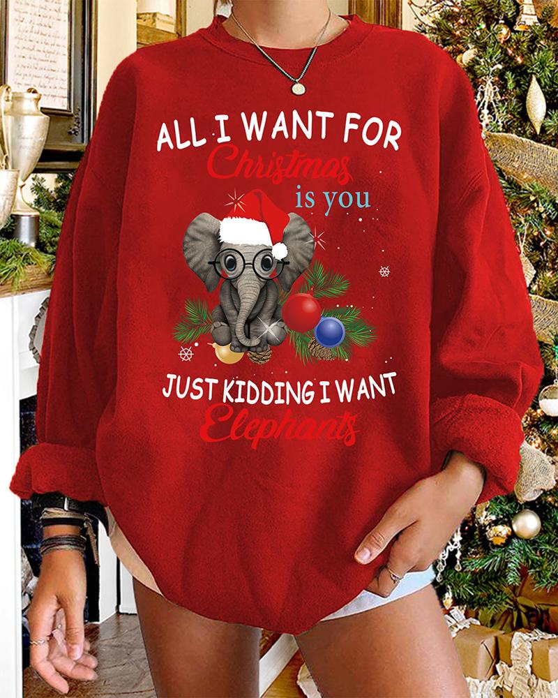 

Christmas Letter Elephant Print Long Sleeve Sweatshirt, Red