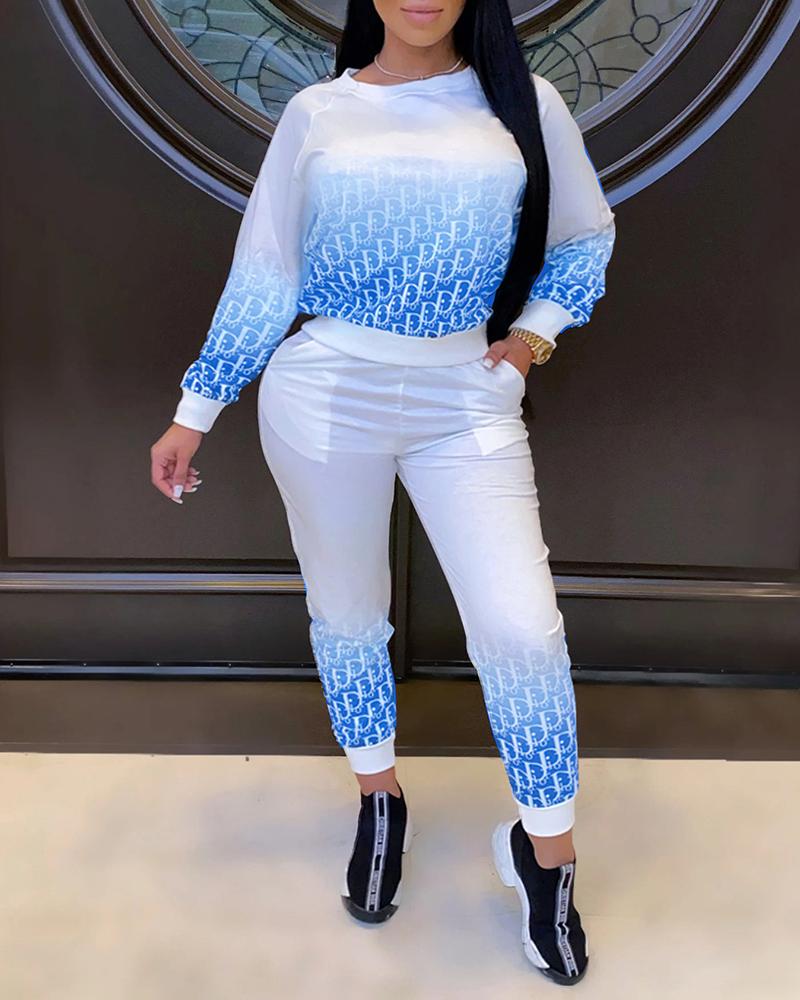 

Digital Print Long Sleeve Top & Pocket Design Pants Set, Blue