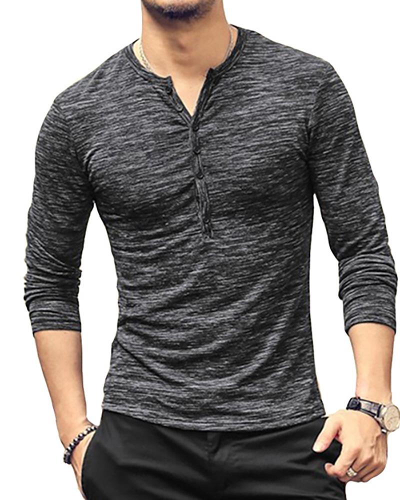 

Men Plain Button Design Long Sleeve Top, Gray