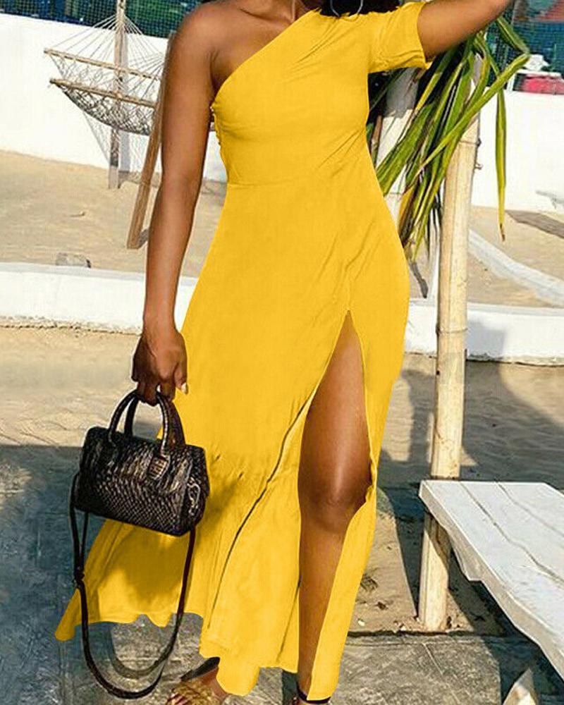 

One Shoulder High Slit Maxi Dress, Yellow