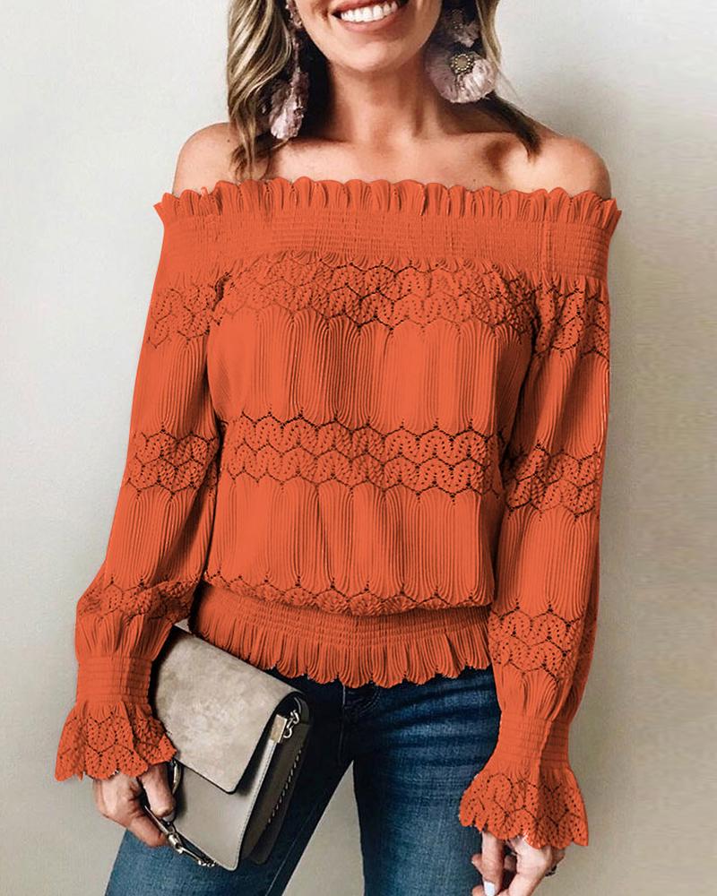 

Off Shoulder Shirring Detail Frill Hem Long Sleeve Top, Red