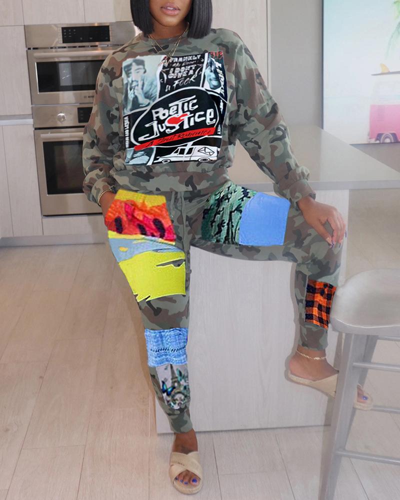 

Camouflage Graphic Print Top & Colorblock Pants Set, Army green