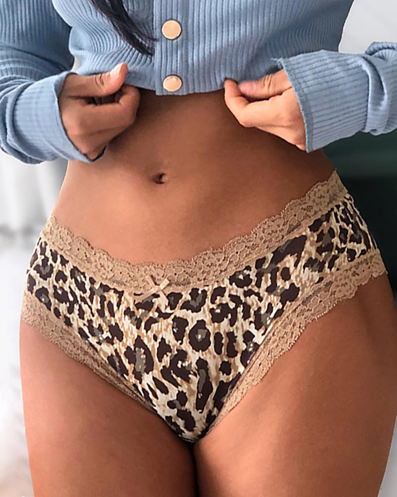 

Low Waist Leopard Print Lace Trim Panty, Brown
