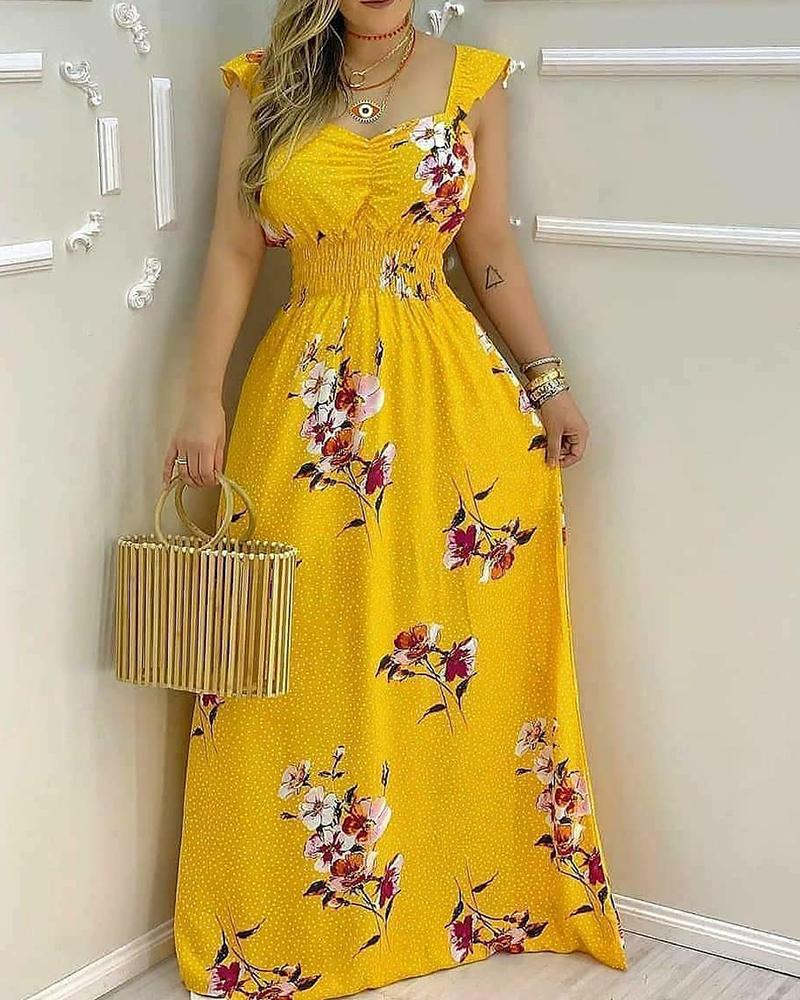 

Floral All Over Print Shirring Detail Short Sleeve Maxi Dress, Yellow