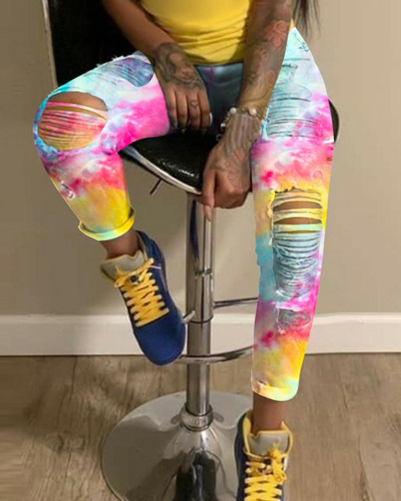 

Tie Dye High Waist Zipper Fly Slant Pocket Ripped Skinny Jeans, Multicolor