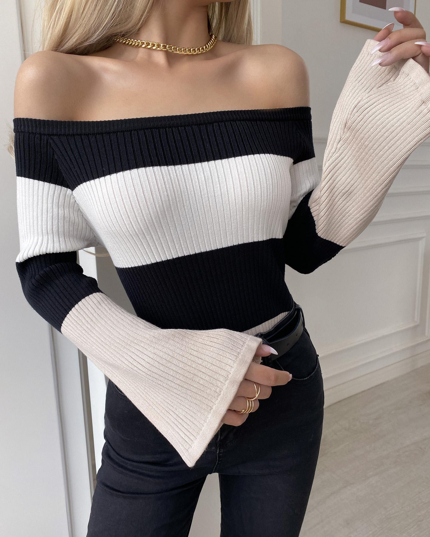 

Colorblock Off Shoulder Flared Sleeve Knit Top, Style1
