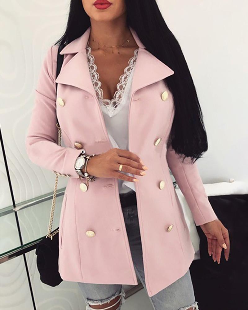 

Solid Notched Collar Double-breasted Wool Blazer, Pink
