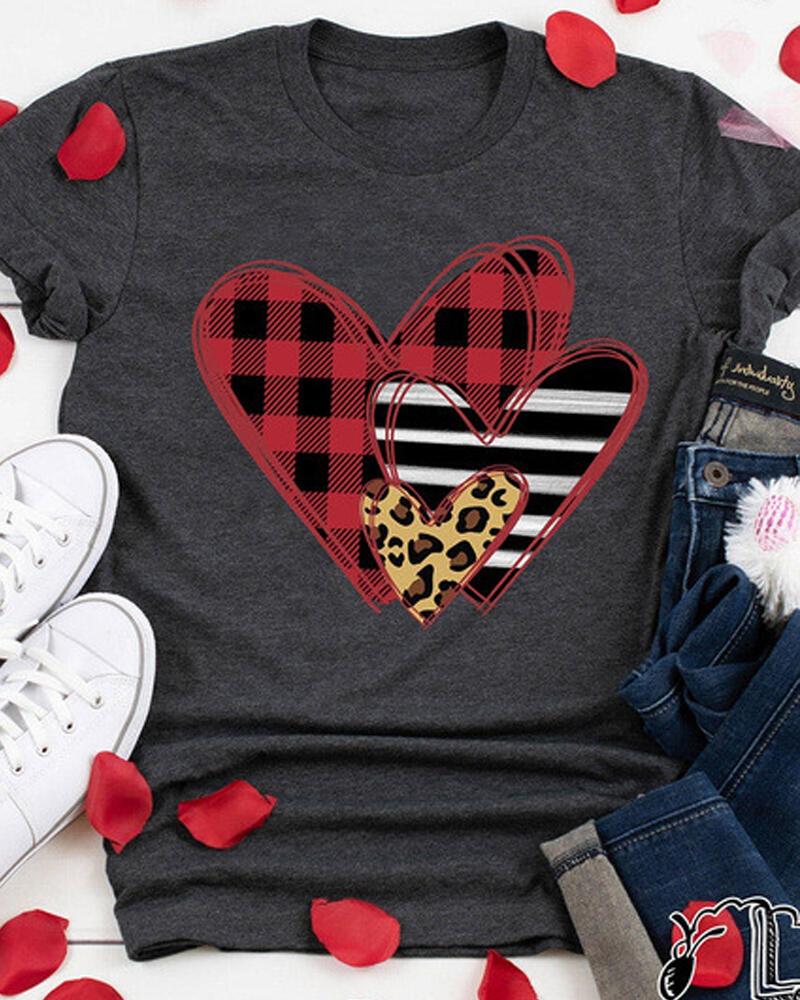 

Valentine's Day Heart Print Short Sleeve Casual T-shirt, Gray