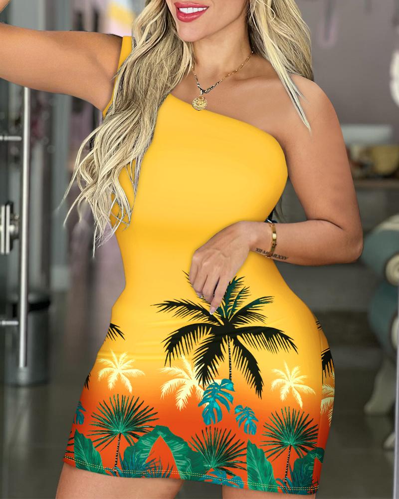 

Vestido Bodycon de um ombro com estampa tropical Ombre, Yellow