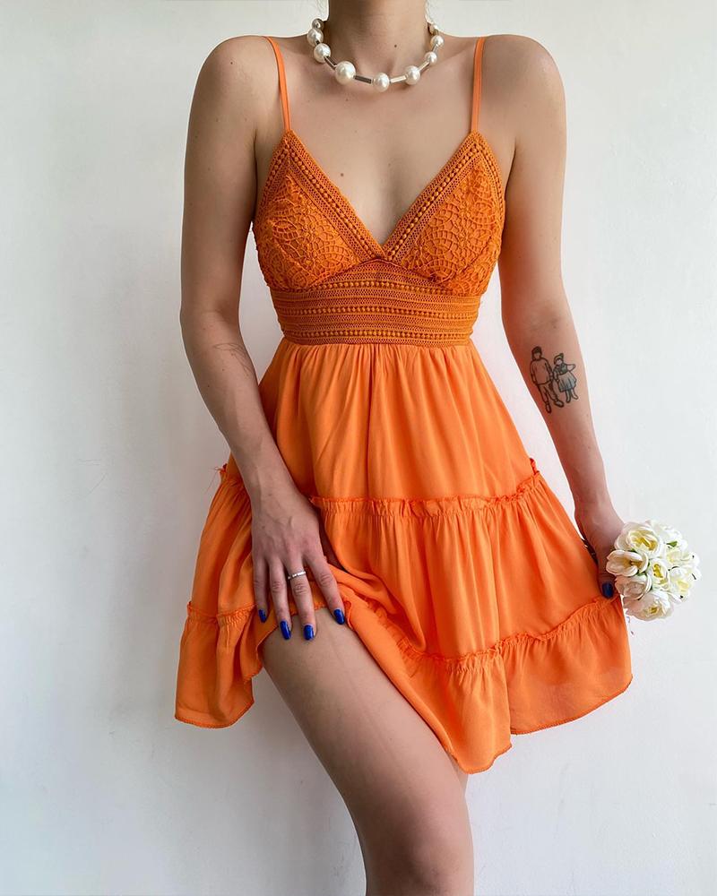 

Contrast Lace Ruffle Hem Backless Cami Dress, Orange