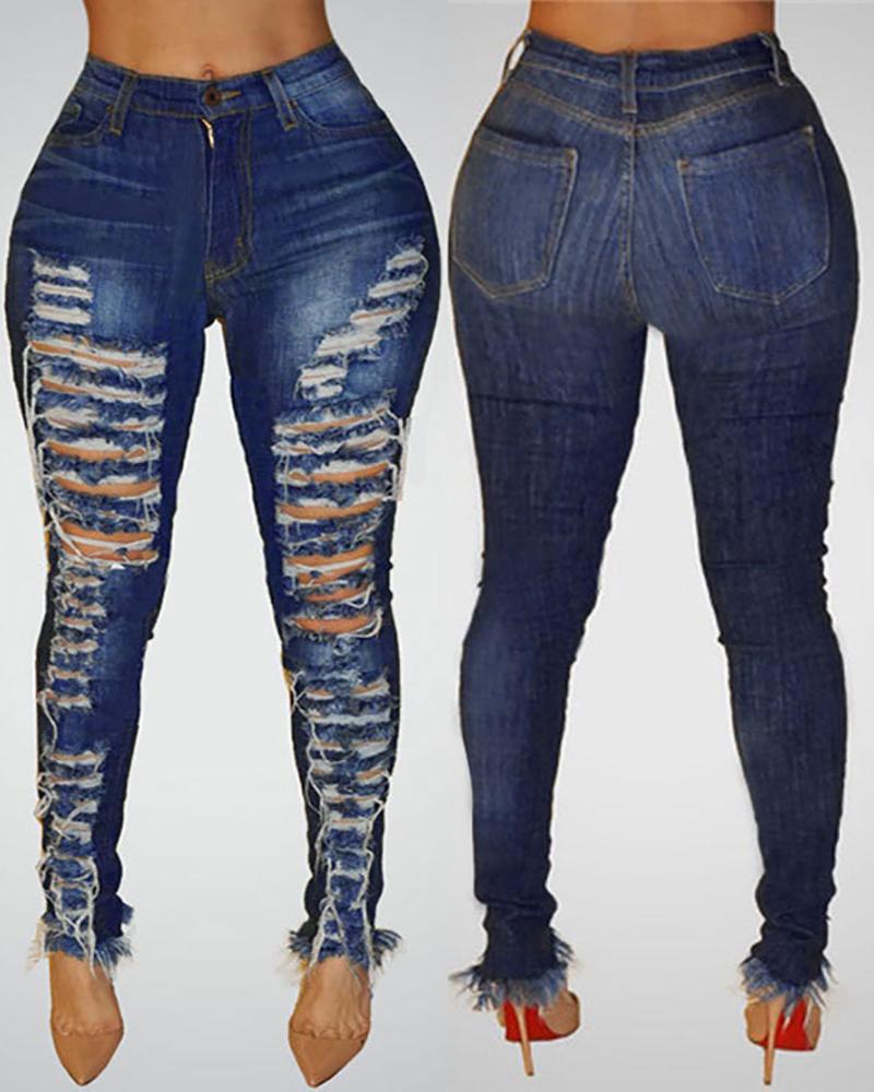 

Pocket Design Ripped Cutout Fringe Hem Jeans, Dark blue