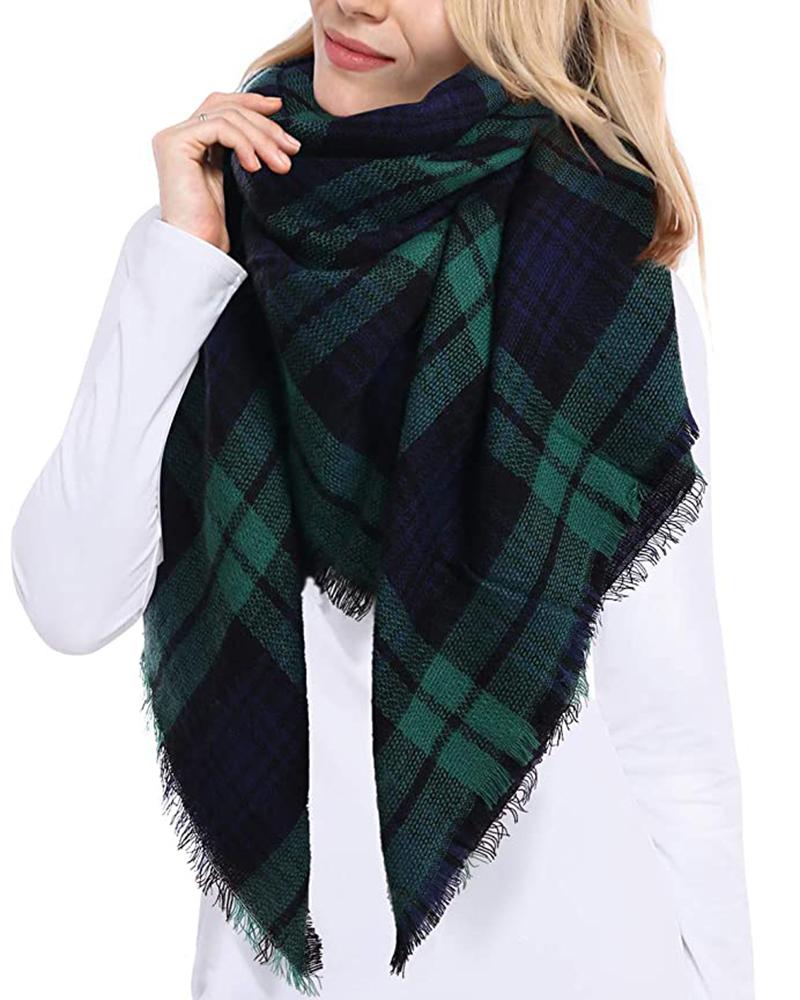 

Women's Big Oversized Plaid Blanket Warp Shawl Fringe Hem Fall Winter Warm Scarf, Green