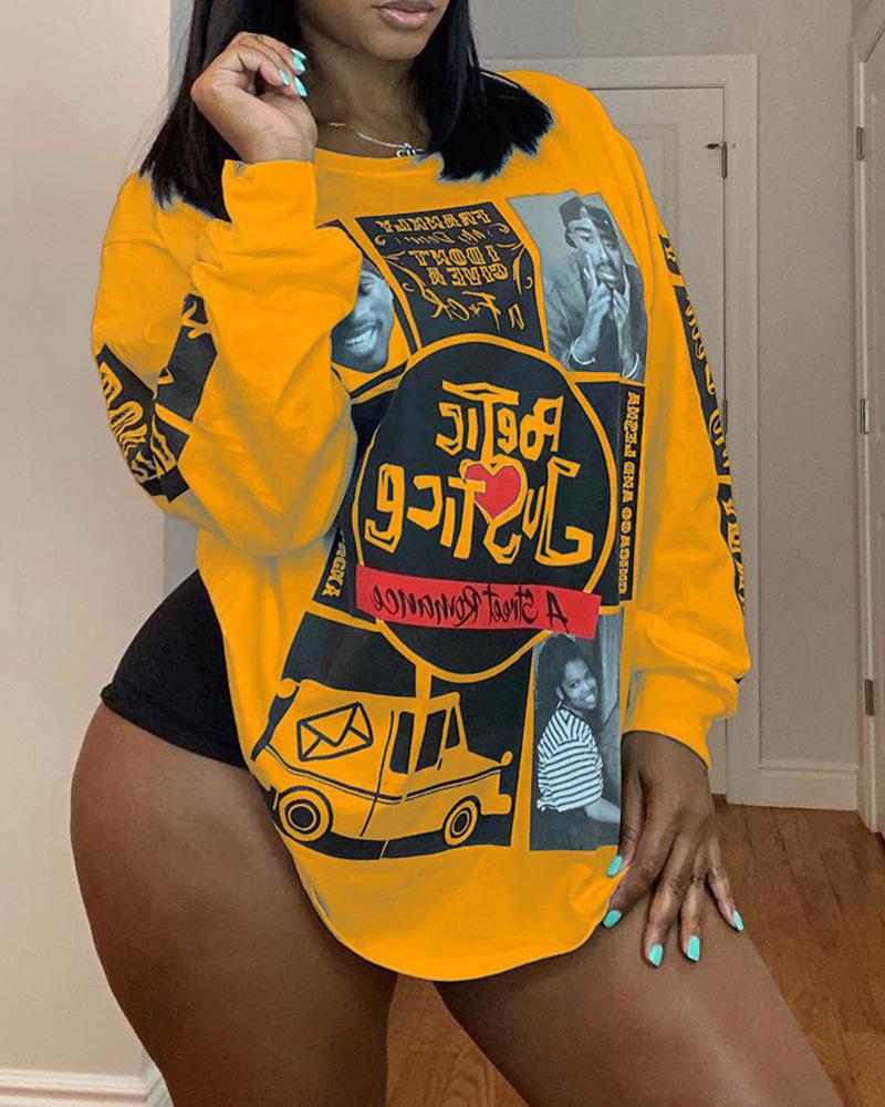 

Graffiti Print Long Sleeve Casual Top, Yellow