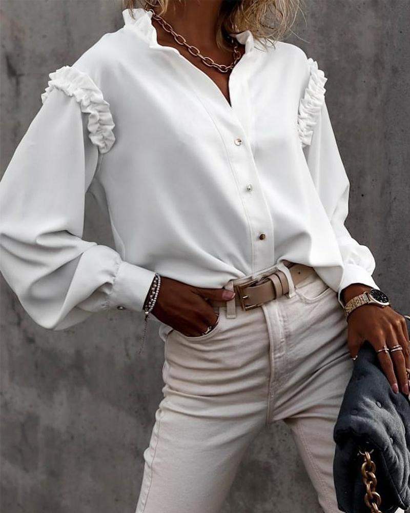 

Frill Trim Lantern Sleeve Button Up Top, White
