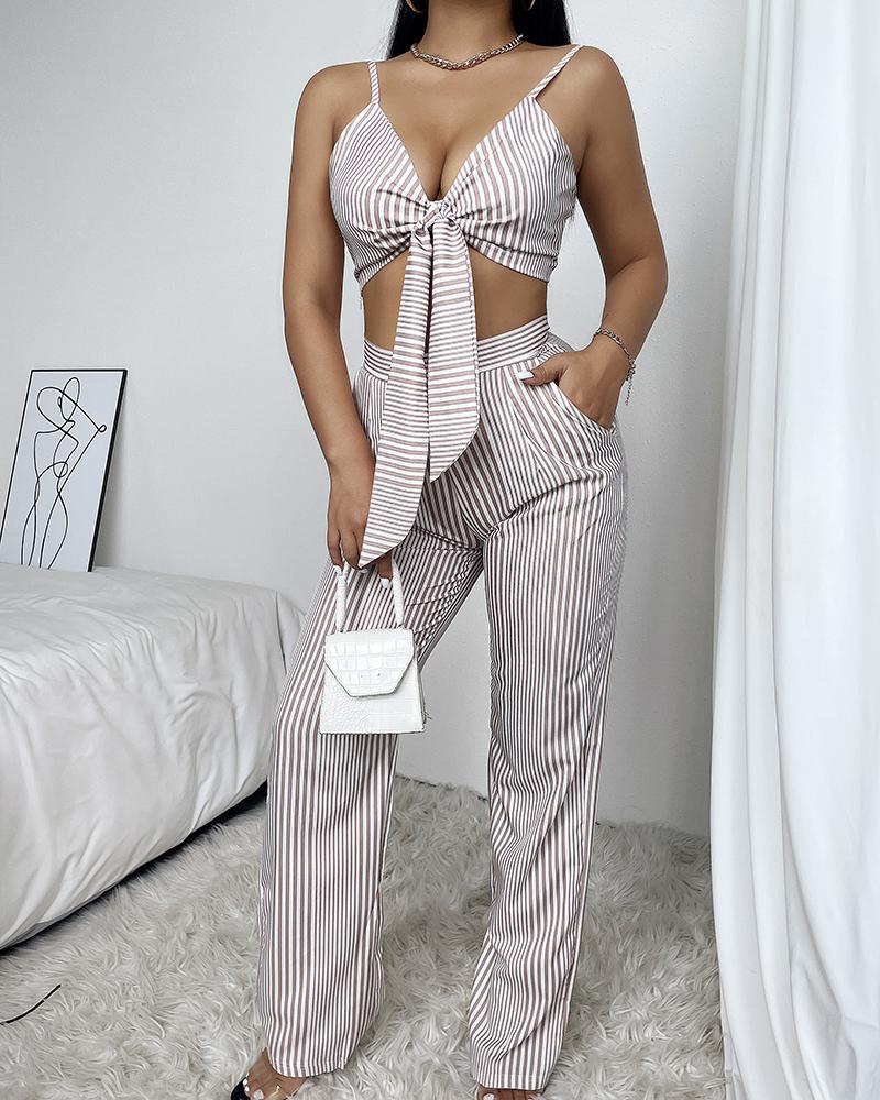 

Striped Knotted Crop Top & Pocket Design Pants Set, Yellow
