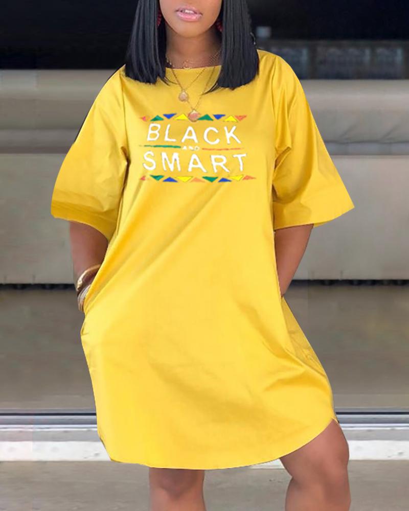 

Letter Print Casual Loose Dress, Yellow